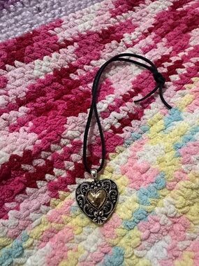Ornate Heart Pendant Necklace on Black Cord - Mixed Metal